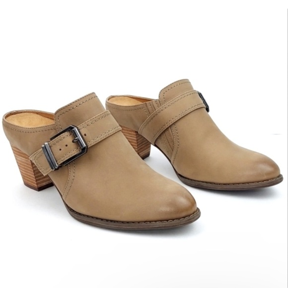 Vionic Cheyenne Heeled Mules Side Buckle Taupe Brown Leather Size 7 Women’s - Picture 1 of 10